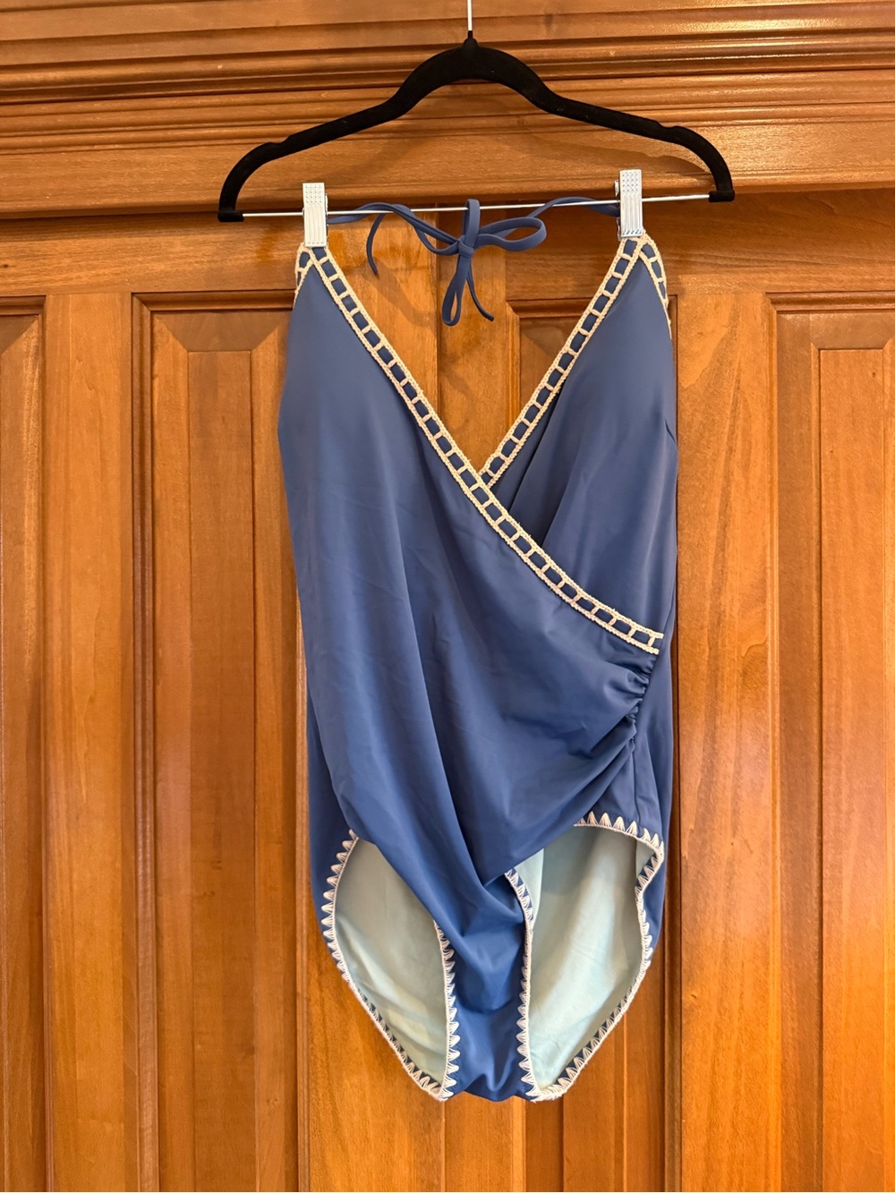 Boden Blue Halter Wrap One-Piece with Cream Trim